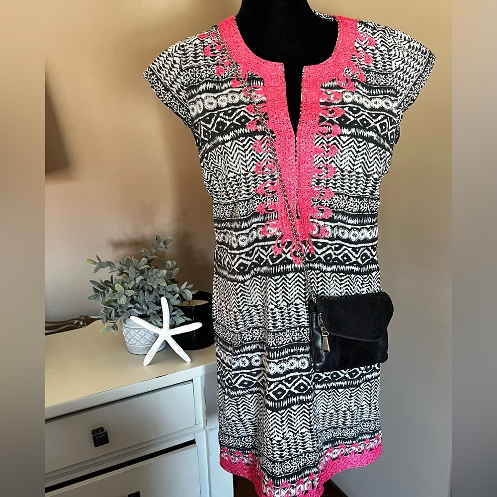 Calypso St Barth Rowena Embroidered Aztec Tunic Dress/Beach Cover Up Sz M